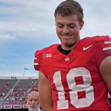 August 31, 2024; Columbus, Ohio, USA;
Ohio State Buckeyes quarterback Will Howard (18) is interviewed following Saturday’s NCAA Division I football game against the Akron Zips at Ohio Stadium.