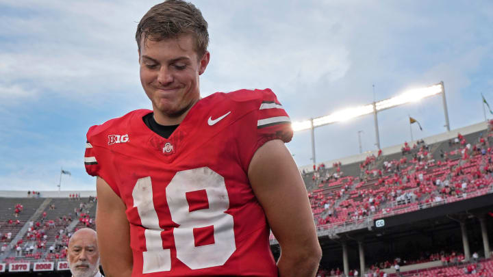 August 31, 2024; Columbus, Ohio, USA;
Ohio State Buckeyes quarterback Will Howard (18) is interviewed following Saturday’s NCAA Division I football game against the Akron Zips at Ohio Stadium.