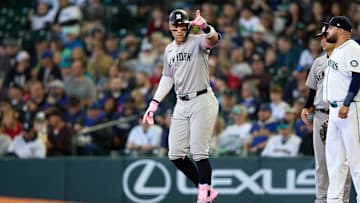 May 14, 2025; Seattle, Washington, USA; New York Yankees designated hitter Aaron Judge (99) stands on first after his single against the Seattle Mariners during the first inning at T-Mobile Park. Mandatory Credit: John Froschauer-Imagn Images