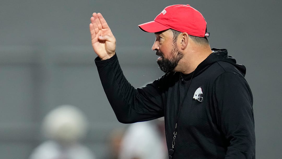 Ohio State Buckeyes head coach Ryan Day motions during the first day of spring workouts for the 2026 football season at Woody Hayes Athletic Complex in Columbus on March 10, 2026.