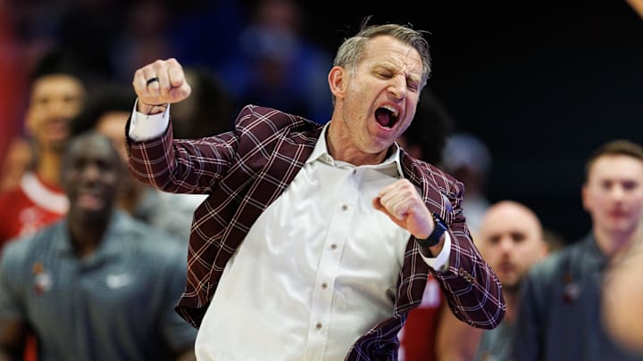 Jan 18, 2025; Lexington, Kentucky, USA; Alabama Crimson Tide head coach Nate Oats celebrates during the second half against the Kentucky Wildcats at Rupp Arena at Central Bank Center. Mandatory Credit: Jordan Prather-Imagn Images