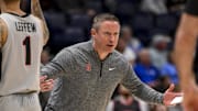 Mar 12, 2025; Nashville, TN, USA;  Georgia Bulldogs head coach Mike White reacts to a called foul against the Oklahoma Sooners during the second half at Bridgestone Arena. Mandatory Credit: Steve Roberts-Imagn Images