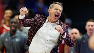 Jan 18, 2025; Lexington, Kentucky, USA; Alabama Crimson Tide head coach Nate Oats celebrates during the second half against the Kentucky Wildcats at Rupp Arena at Central Bank Center. Mandatory Credit: Jordan Prather-Imagn Images