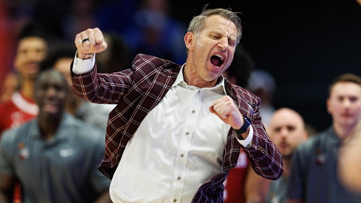 Jan 18, 2025; Lexington, Kentucky, USA; Alabama Crimson Tide head coach Nate Oats celebrates during the second half against the Kentucky Wildcats at Rupp Arena at Central Bank Center. Mandatory Credit: Jordan Prather-Imagn Images