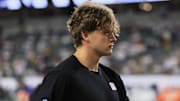 Oct 16, 2025; Cincinnati, Ohio, USA; Cincinnati Bengals quarterback Joe Burrow (9) walks on the sideline before the game against the Pittsburgh Steelers at Paycor Stadium. Mandatory Credit: Katie Stratman-Imagn Images