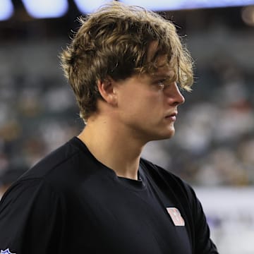 Oct 16, 2025; Cincinnati, Ohio, USA; Cincinnati Bengals quarterback Joe Burrow (9) walks on the sideline before the game against the Pittsburgh Steelers at Paycor Stadium. Mandatory Credit: Katie Stratman-Imagn Images