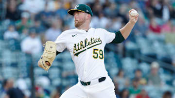Jul 8, 2025; West Sacramento, California, USA; Athletics pitcher Jeffrey Springs (59) throws a pitch during the first inning against the Atlanta Braves at Sutter Health Park. Mandatory Credit: Sergio Estrada-Imagn Images