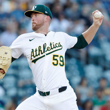 Jul 8, 2025; West Sacramento, California, USA; Athletics pitcher Jeffrey Springs (59) throws a pitch during the first inning against the Atlanta Braves at Sutter Health Park. Mandatory Credit: Sergio Estrada-Imagn Images