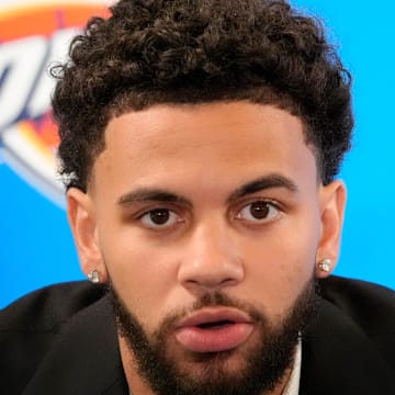 Ajay Mitchell speaks during an introductory press conference for the 2024 Thunder draft picks at Oklahoma Contemporary Arts Center in Oklahoma City, Saturday, June, 29, 2024.