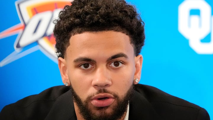 Ajay Mitchell speaks during an introductory press conference for the 2024 Thunder draft picks at Oklahoma Contemporary Arts Center in Oklahoma City, Saturday, June, 29, 2024.