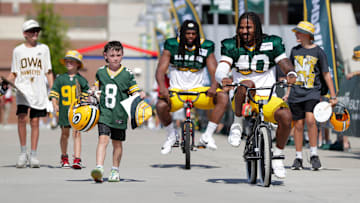 Green Bay Packers safety Omar Brown (40) participates in the Dream Drive bicycle ride during the fifth day of training camp on July 28, 2025, in Green Bay, Wis.