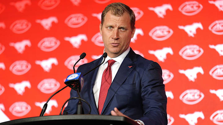 Jul 22, 2025; Charlotte, NC, USA; Southern Methodist head coach Rhett Lashlee answers questions from the media during ACC Media Days at Hilton Charlotte Uptown. Mandatory Credit: Jim Dedmon-Imagn Images