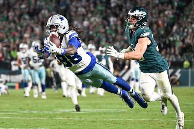 Dallas Cowboys WR CeeDee Lamb is unable to make a reception defended by Philadelphia Eagles CB Cooper DeJean.