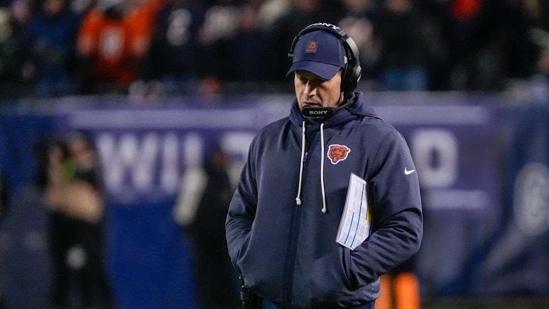 Jan 10, 2026; Chicago, IL, USA;  Chicago Bears head coach Ben Johnson stands on the sidelines against the Green Bay Packers during the first half of an NFC Wild Card Round game at Soldier Field. Mandatory Credit: David Banks-Imagn Images