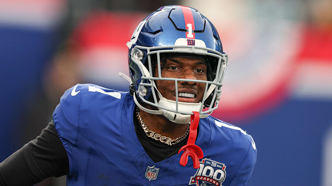 Dec 29, 2024; East Rutherford, New Jersey, USA; New York Giants wide receiver Malik Nabers (1) celebrates after a touchdown reception during the second half against the Indianapolis Colts at MetLife Stadium. Mandatory Credit: Vincent Carchietta-Imagn Images