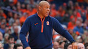 Jan 25, 2025; Syracuse, New York, USA; Syracuse Orange head coach Adrian Autry reacts to a call against the Pittsburgh Panthers during the first half at the JMA Wireless Dome. Mandatory Credit: Rich Barnes-Imagn Images