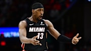 Miami Heat center Bam Adebayo (13) celebrates after hitting a three point basket during the second half against the Cleveland Cavaliers at Rocket Arena.