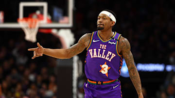 Jan 12, 2025; Phoenix, Arizona, USA; Phoenix Suns guard Bradley Beal (3) reacts against the Charlotte Hornets during the first half at Footprint Center. Mandatory Credit: Mark J. Rebilas-Imagn Images