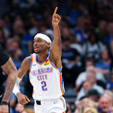 Oklahoma City Thunder guard Shai Gilgeous-Alexander (2) reacts in front of Dallas Mavericks center Daniel Gafford (21) during the second half in Game 6 of the second round of the playoffs at American Airlines Center in Dallas on May 18, 2024.