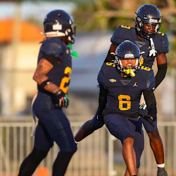 Naples Golden Eagles players celebrate with defensive back Andre Ferdinand (6) after his interception during the first quarter of a spring football game against the Venice Indians at Staver Field in Naples, Fla., on Tuesday, May 20, 2025.