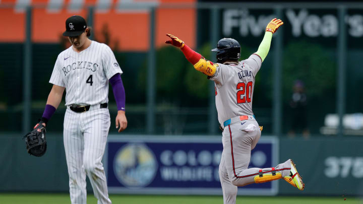 Atlanta Braves designated hitter Marcell Ozuna celebrates his 34th home run, one off NL leader Shohei Ohtani.