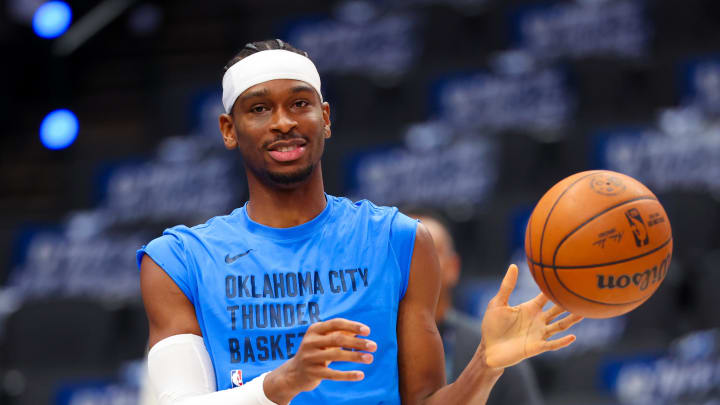 May 18, 2024; Dallas, Texas, USA; Oklahoma City Thunder guard Shai Gilgeous-Alexander (2) warms up before game six against the Dallas Mavericks in the second round of the 2024 NBA playoffs at American Airlines Center. Mandatory Credit: Kevin Jairaj-USA TODAY Sports