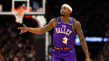 Jan 12, 2025; Phoenix, Arizona, USA; Phoenix Suns guard Bradley Beal (3) reacts against the Charlotte Hornets during the first half at Footprint Center. Mandatory Credit: Mark J. Rebilas-Imagn Images