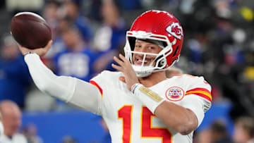 Sep 21, 2025; East Rutherford, New Jersey, USA; Kansas City Chiefs quarterback Patrick Mahomes (15) warms up before the game against the New York Giants at MetLife Stadium. Mandatory Credit: Robert Deutsch-Imagn Images
