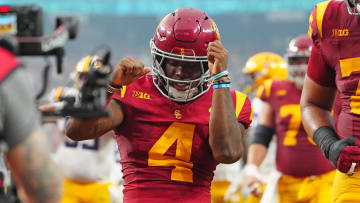 Sep 1, 2024; Paradise, Nevada, USA; Southern California Trojans running back Woody Marks (4) celebrates after scoring a touchdown against the LSU Tigers during the second quarter at Allegiant Stadium.