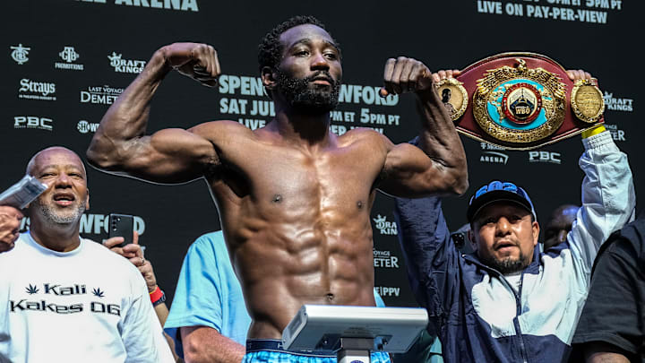 WBO champion Terence Crawford weighs in at 146.8 pounds for his undisputed welterweight championship bout on July 28, 2023. WBO champion Terence Crawford weighs in at 146.8 pounds for his undisputed welterweight championship bout on July 28, 2023.