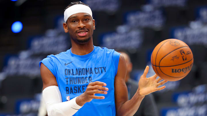 May 18, 2024; Dallas, Texas, USA; Oklahoma City Thunder guard Shai Gilgeous-Alexander (2) warms up before game six against the Dallas Mavericks in the second round of the 2024 NBA playoffs at American Airlines Center. Mandatory Credit: Kevin Jairaj-Imagn Images