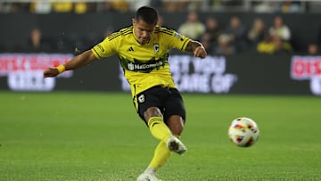 Oct 29, 2024; Columbus, Ohio, USA; Columbus Crew forward Cucho Hernandez (9) kicks the ball in the second half against the New York Red Bulls in a 2024 MLS Cup Playoffs Round One match at Lower.com Field.