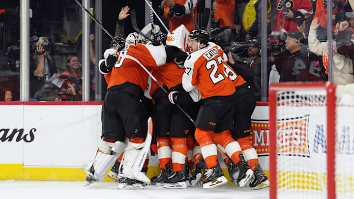 Apr 29, 2026; Philadelphia, Pennsylvania, USA; The Philadelphia Flyers celebrate after game six of the first round of the 2026 Stanley Cup Playoffs against the Pittsburgh Penguins at Xfinity Mobile Arena. Mandatory Credit: Kyle Ross-Imagn Images