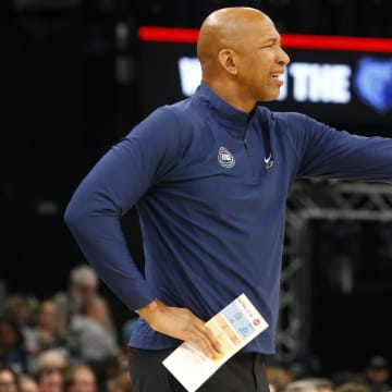 Apr 5, 2024; Memphis, Tennessee, USA; Detroit Pistons head coach Monty Williams reacts during the second half against the Memphis Grizzlies at FedExForum. Mandatory Credit: Petre Thomas-USA TODAY Sports
