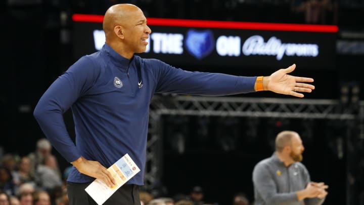 Apr 5, 2024; Memphis, Tennessee, USA; Detroit Pistons head coach Monty Williams reacts during the second half against the Memphis Grizzlies at FedExForum. Mandatory Credit: Petre Thomas-USA TODAY Sports