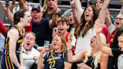 Indiana Fever guard Caitlin Clark (22) celebrates after scoring a 3-pointer Tuesday, June 17, 2025, during a game between the Indiana Fever and the Connecticut Sun at Gainbridge Fieldhouse in Indianapolis. The Indiana Fever defeated the Connecticut Sun, 88-71.