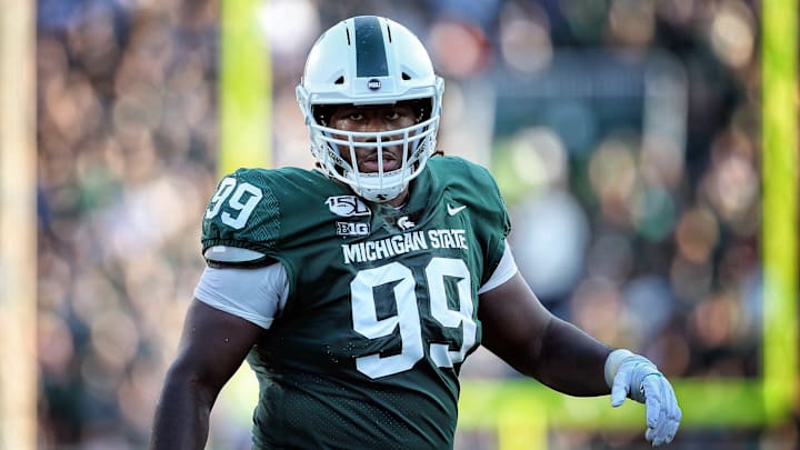 Sep 28, 2019; East Lansing, MI, USA; Michigan State Spartans defensive tackle Raequan Williams (99) stands on the field during the first half of a game against the Indiana Hoosiers at Spartan Stadium. Mandatory Credit: Mike Carter-Imagn Images Sep 28, 2019; East Lansing, MI, USA; Michigan State Spartans defensive tackle Raequan Williams (99) stands on the field during the first half of a game against the Indiana Hoosiers at Spartan Stadium. Mandatory Credit: Mike Carter-Imagn Images