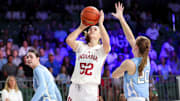 Indiana Hoosiers forward Lilly Meister (52) shoots over North Carolina Tar Heels guard Lexi Donarski (20) during the first half at the Atlantis Resort.