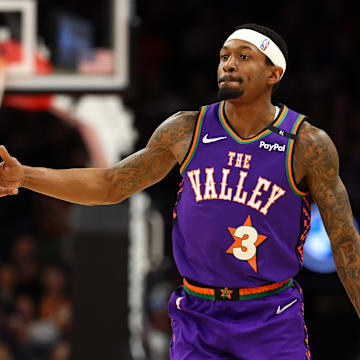 Jan 12, 2025; Phoenix, Arizona, USA; Phoenix Suns guard Bradley Beal (3) reacts against the Charlotte Hornets during the first half at Footprint Center. Mandatory Credit: Mark J. Rebilas-Imagn Images