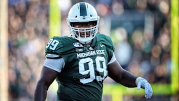 Sep 28, 2019; East Lansing, MI, USA; Michigan State Spartans defensive tackle Raequan Williams (99) stands on the field during the first half of a game against the Indiana Hoosiers  at Spartan Stadium. Mandatory Credit: Mike Carter-Imagn Images