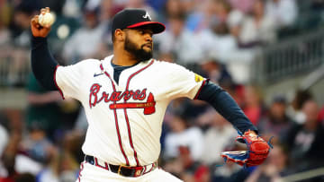 May 13, 2024; Cumberland, Georgia, USA; Atlanta Braves pitcher Reynaldo Lopez (40) cycles through a pitch against the Chicago Cubs during the third inning at Truist Park. Mandatory Credit: John David Mercer-USA TODAY Sports