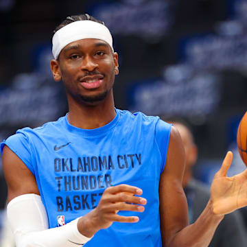 May 18, 2024; Dallas, Texas, USA; Oklahoma City Thunder guard Shai Gilgeous-Alexander (2) warms up before game six against the Dallas Mavericks in the second round of the 2024 NBA playoffs at American Airlines Center. Mandatory Credit: Kevin Jairaj-Imagn Images