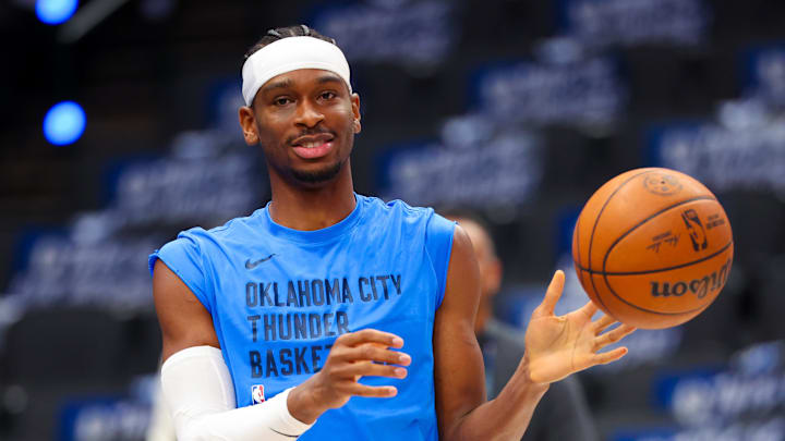 May 18, 2024; Dallas, Texas, USA; Oklahoma City Thunder guard Shai Gilgeous-Alexander (2) warms up before game six against the Dallas Mavericks in the second round of the 2024 NBA playoffs at American Airlines Center. Mandatory Credit: Kevin Jairaj-Imagn Images