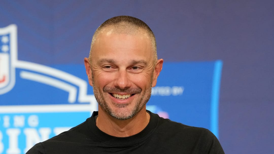 Feb 24, 2026; Indianapolis, IN, USA; Las Vegas Raiders general manager John Spytek speaks at the NFL Scouting Combine at the Indiana Convention Center. Mandatory Credit: Kirby Lee-Imagn Images