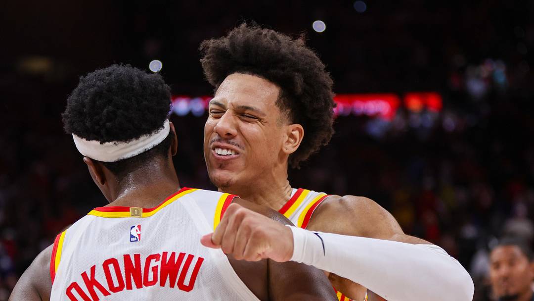 Jalen Johnson (1) celebrates with forward Onyeka Okongwu (17) after a victory over the New York Knicks in game three of the first round of the 2026 NBA Playoffs at State Farm Arena Jalen Johnson (1) celebrates with forward Onyeka Okongwu (17) after a victory over the New York Knicks in game three of the first round of the 2026 NBA Playoffs at State Farm Arena