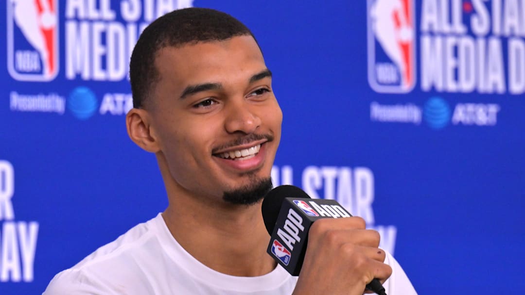 Feb 14, 2026; Los Angeles, CA, USA; 	Team World center Victor Wembanyama (1) of the San Antonio Spurs during a news conference for the NBA All Star game at Intuit Dome. Mandatory Credit: Jayne Kamin-Oncea-Imagn Images