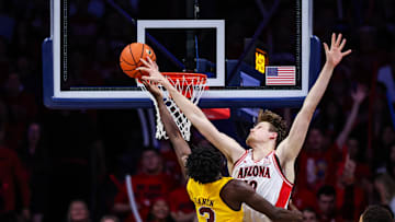 Mar 4, 2025; Tucson, Arizona, USA; Arizona Wildcats forward Henri Veesaar (13) blocks Arizona State Sun Devils guard Joson Sanon (3) during the second half at McKale Center. Mandatory Credit: Aryanna Frank-Imagn Images