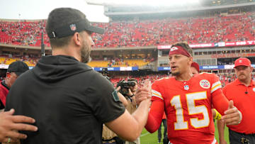 Sep 14, 2025; Kansas City, Missouri, USA; Kansas City Chiefs quarterback Patrick Mahomes (15) shakes hands with Philadelphia Eagles head coach Nick Sirianni after the game at GEHA Field at Arrowhead Stadium. Mandatory Credit: Jay Biggerstaff-Imagn Images