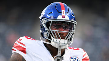 Aug 24, 2024; East Rutherford, New Jersey, USA; New York Giants linebacker Brian Burns (0) looks on prior to the game against the New York Jets at MetLife Stadium. Mandatory Credit: Rich Barnes-Imagn Images