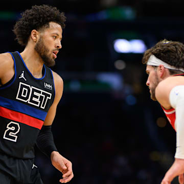 Mar 29, 2024; Washington, District of Columbia, USA; Detroit Pistons guard Cade Cunningham (2) brings the ball up court against Washington Wizards forward Corey Kispert (24) during the third quarter at Capital One Arena. Mandatory Credit: Reggie Hildred-Imagn Images